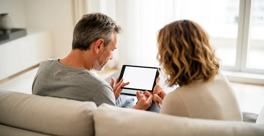 Couple français consultant des données immobilières sur tablette dans leur salon