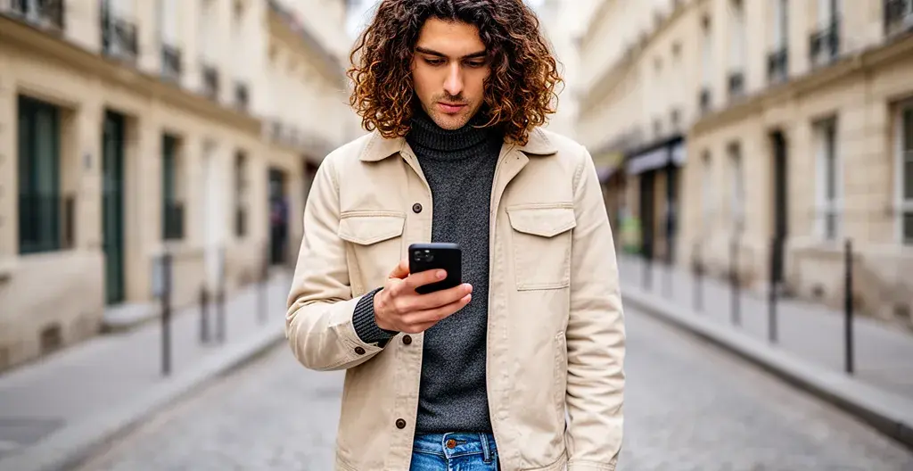 Personne utilisant un smartphone pour estimer un bien immobilier devant un immeuble français